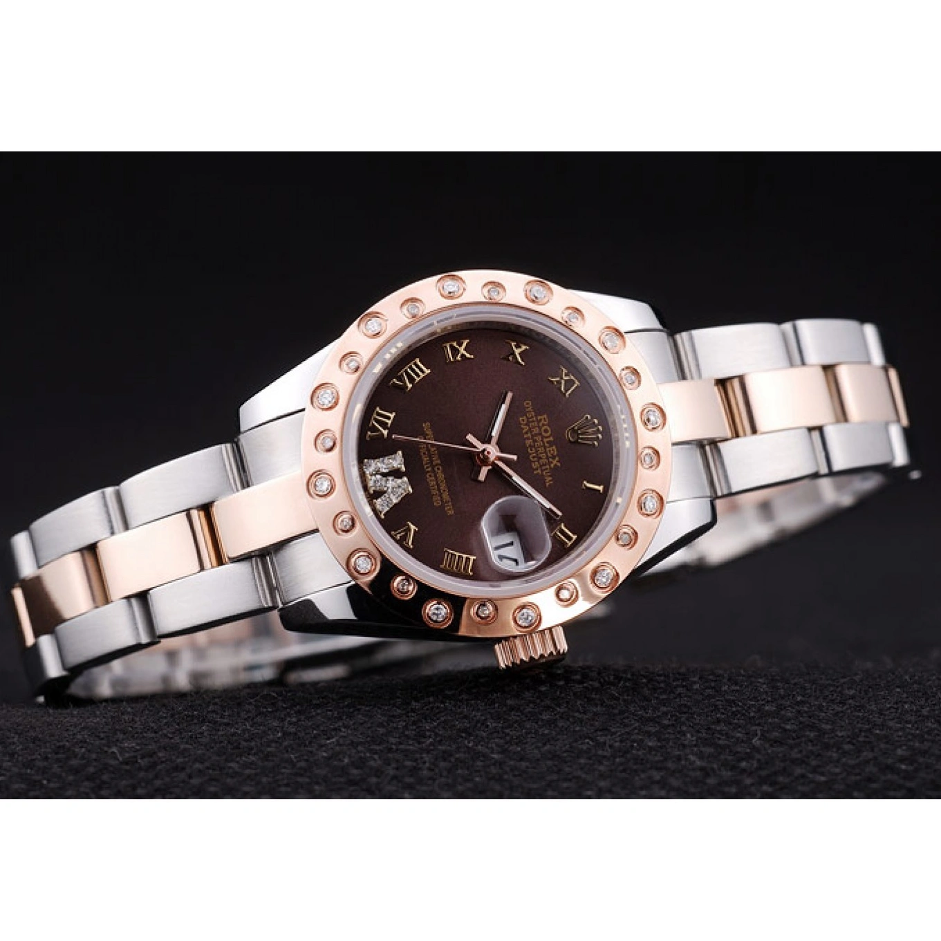 Aaa replica watch Datejust Polished 7475 Rose Diamonds Bezel Gold Dial Brown Rolex 1026